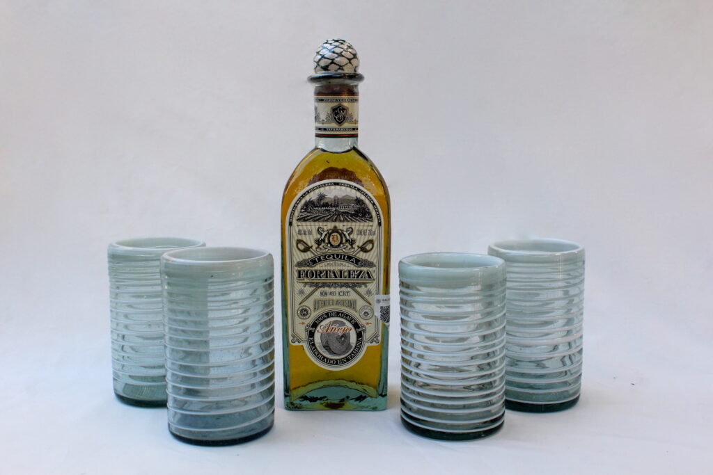Fortaleza Tequila Anejo and Blown Glass Glasses 
